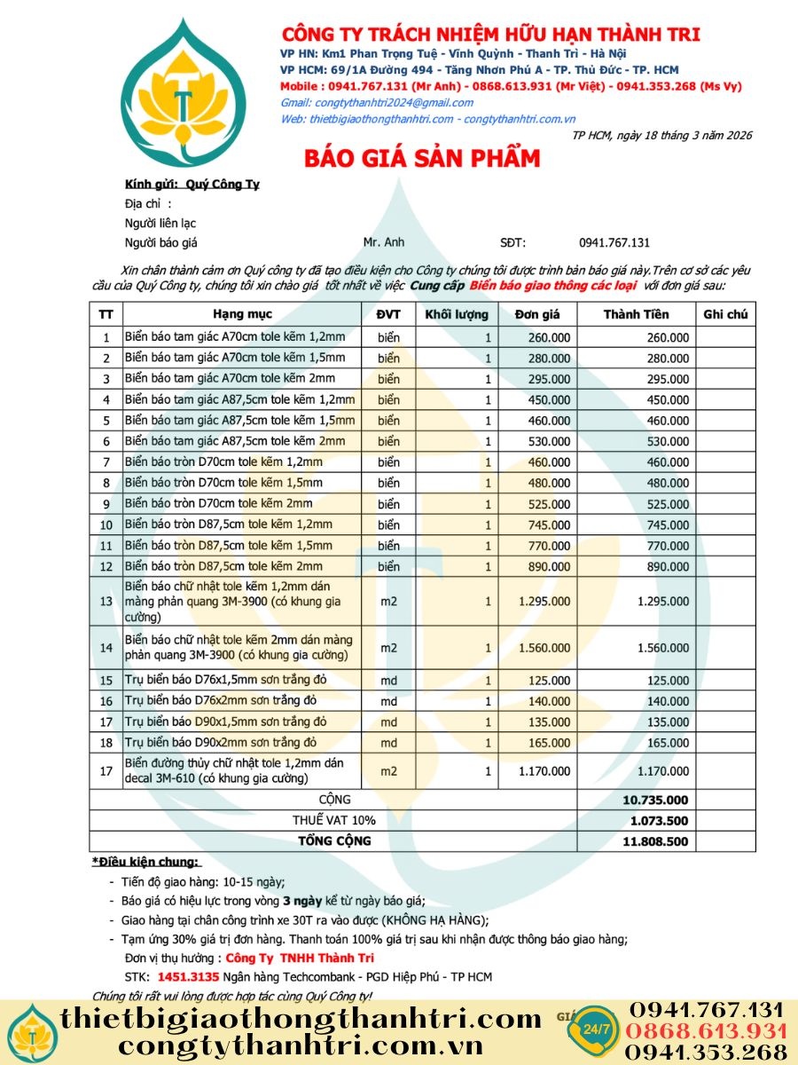 Báo giá biển báo giao thông đường bộ đường thuỷ quý 2 năm 2026