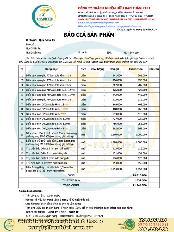 Báo giá biển báo giao thông phản quang quý 4 năm 2024