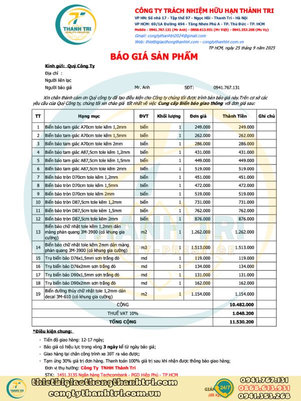 Báo giá biển báo giao thông phản quang quý 4 năm 2025