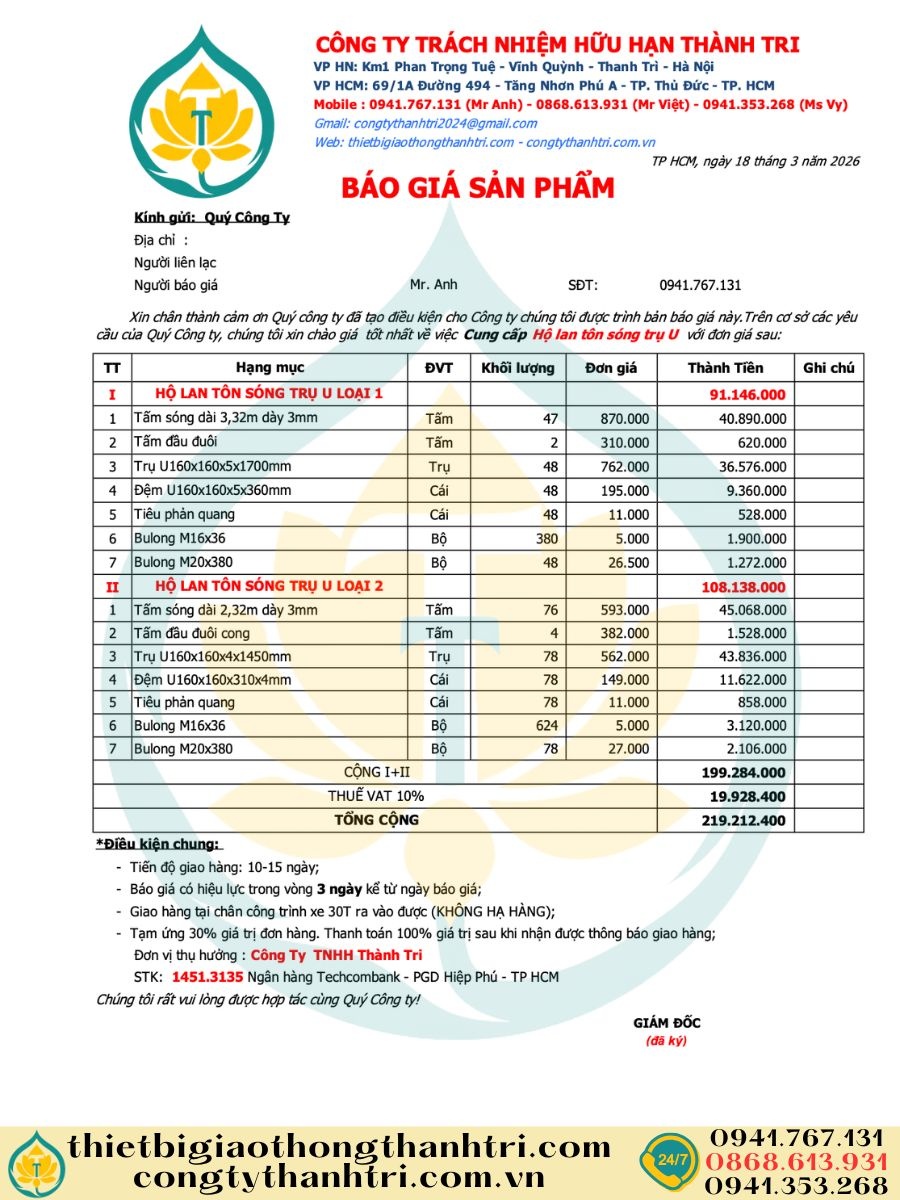 Báo giá hộ lan tôn sóng hộ lan mềm trụ U quý 2 năm 2026