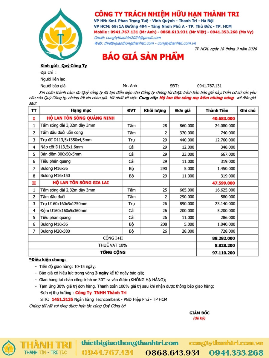 Báo giá hộ lan tôn sóng trụ tròn và trụ U các loại quý 4/2026