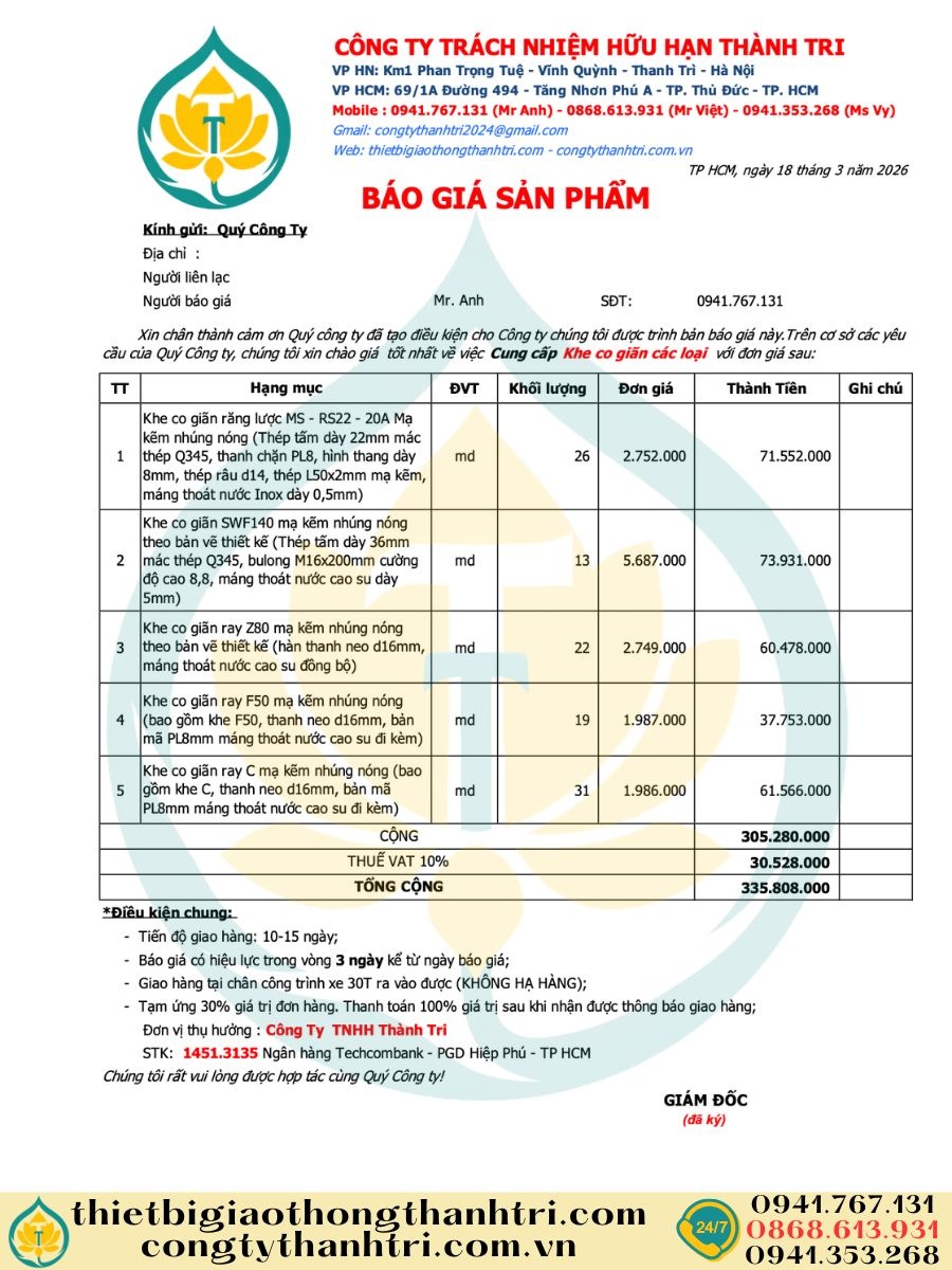 Báo giá khe co giãn răng lược khe ray quý 2 năm 2026