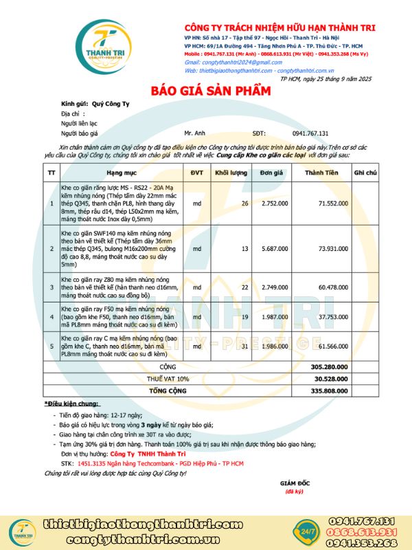 Báo giá khe co giãn răng lược khe ray quý 4 năm 2025