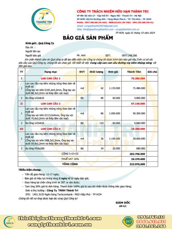 Báo giá lan can cầu đường mạ kẽm nhúng nóng quý 4 năm 2024