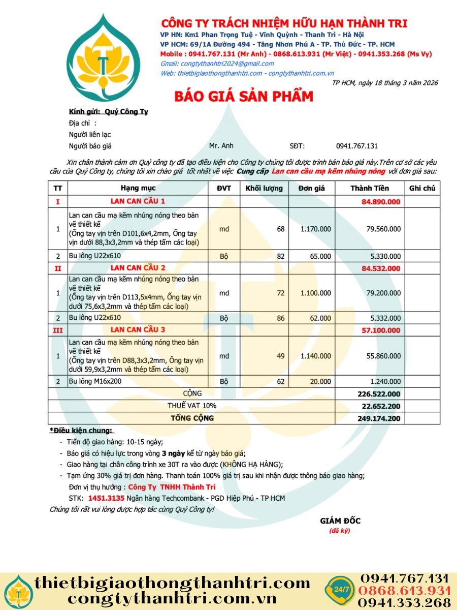 Báo giá lan can cầu đường mạ kẽm nhúng nóng quý 2 năm 2026