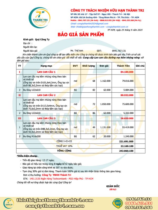 Báo giá lan can cầu đường mạ kẽm nhúng nóng quý 4 năm 2025