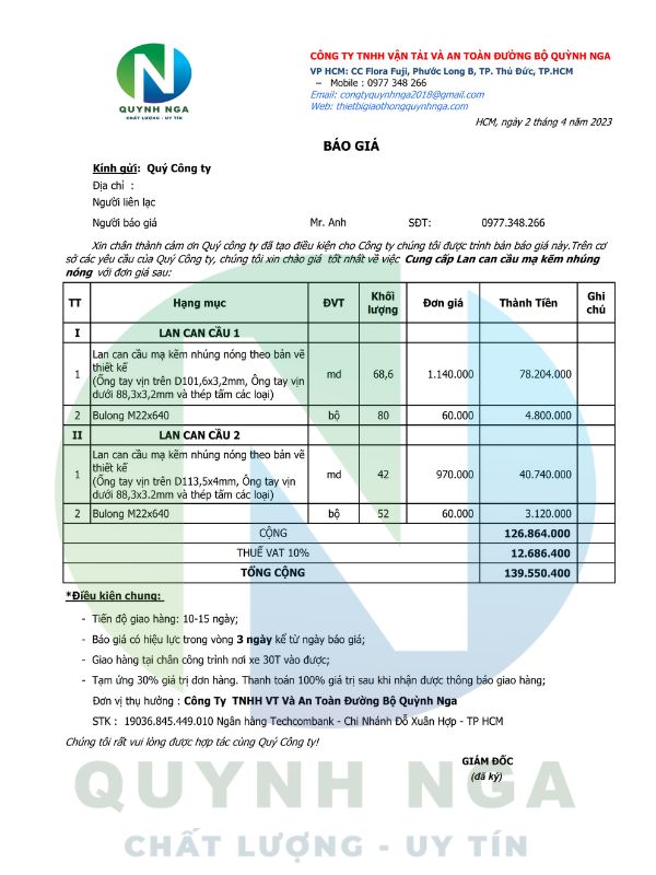 Báo giá lan can cầu đường mạ kẽm nhúng nóng mới nhất 2023