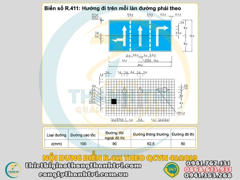 Biển báo hướng đi trên mỗi làn đường phải theo R.411