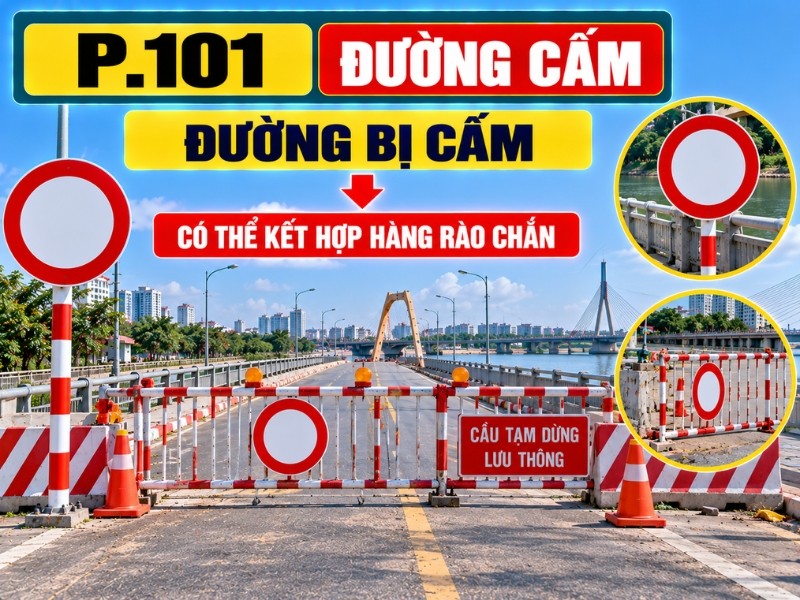 Biển P101 đường cấm kết hợp hàng rào chắn