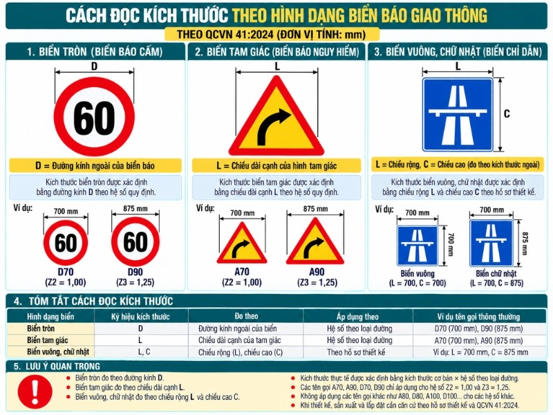 Các đọc kích thước theo hình dạng biển báo giao thông Các đọc kích thước theo hình dạng biển báo giao thông