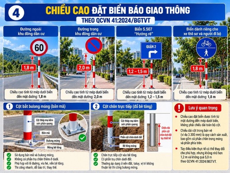 Chiều cao đặt biển báo giao thông theo QCVN41:2024