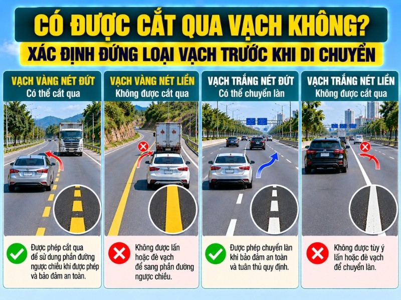 Có được cắt qua vạch vàng và vạch trắng không? Có được cắt qua vạch vàng và vạch trắng không?