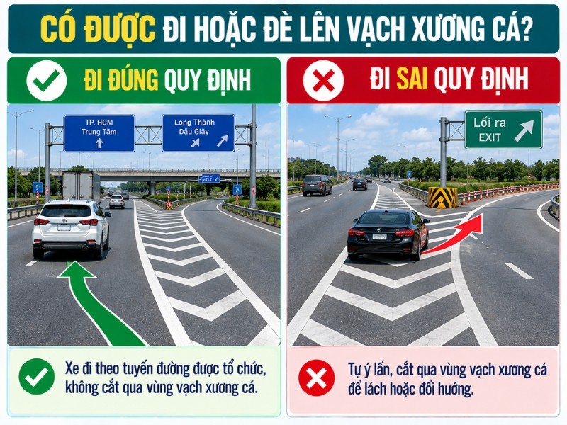 Có được đi hoặc đè lên vạch xương cá không?