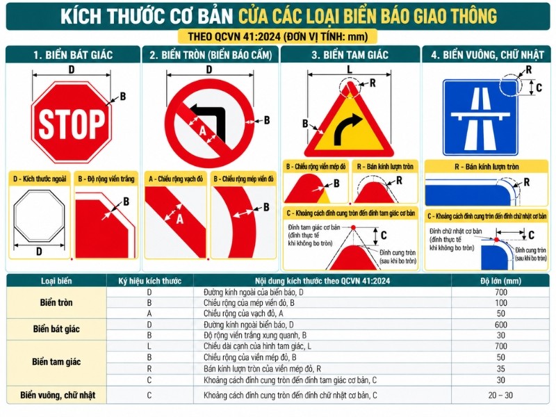 Kích thước cơ bản của các loại biển báo giao thông theo QCVN 41:2024 Kích thước cơ bản của các loại biển báo giao thông theo QCVN 41:2024
