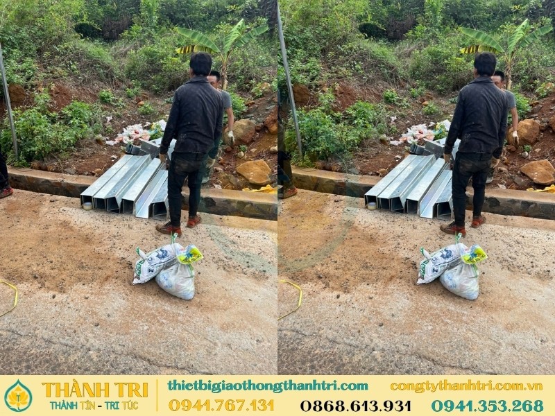 Bốc dỡ và kiểm đếm vật tư cột hộ lan mạ kẽm tại công trình