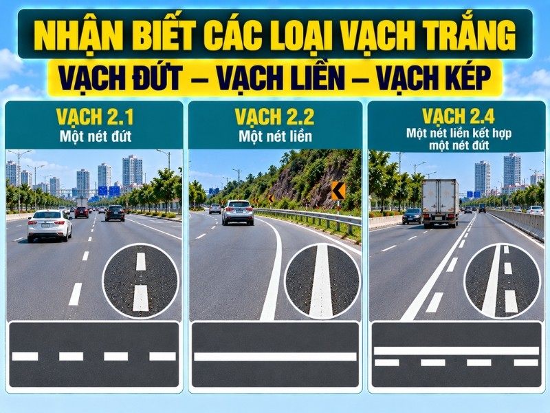 Nhận biết các loại vạch trắng nét đứt nét liền Nhận biết các loại vạch trắng nét đứt nét liền