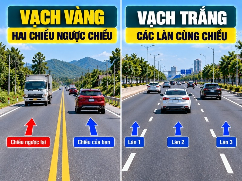 Phân biệt vạch vàng và vạch trắng trên đường Phân biệt vạch vàng và vạch trắng trên đường