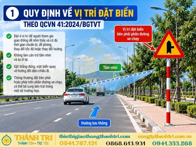 Quy định về vị trí đặt biển báo giao thông theo QCVN 41:2024